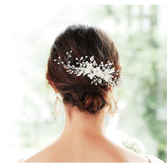 Cathercing Bridal Rhinestone Flower Veil Side Comb Hair Clips Headpiece Wedding